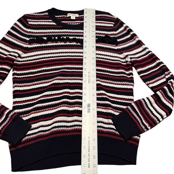 Brooks Brothers Red Fleece Sweater Women’s L Red White Black Striped Knit Ruffle - Picture 6 of 11
